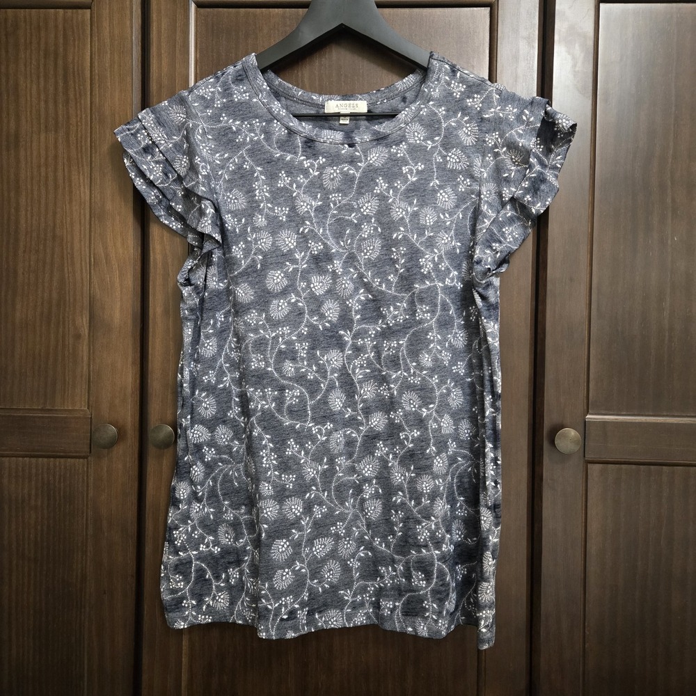 Angels‎ Forever Young Small Womens Blouse Flutter Sleeve Grey Filagree Floral